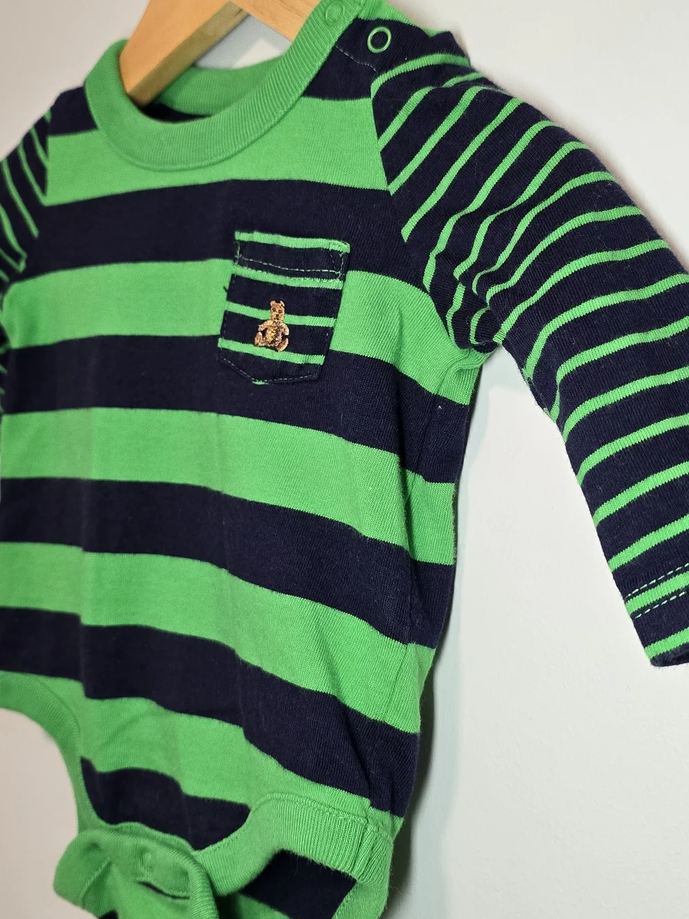 GAP Green & Navy Striped Baby One-Piece Long Sleeve Bodysuit 0-3M